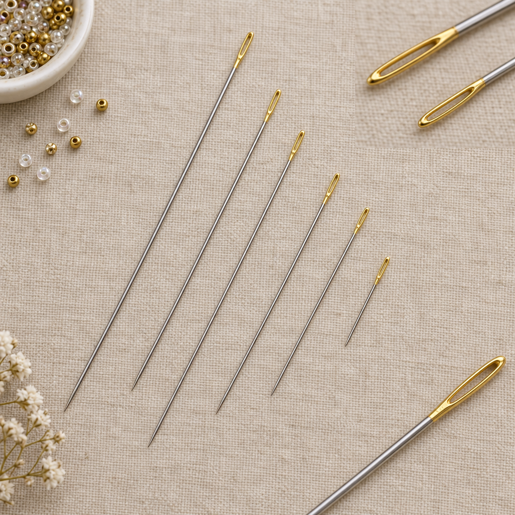 John Bead Gold Eye beading needles in multiple sizes arranged on a linen background
